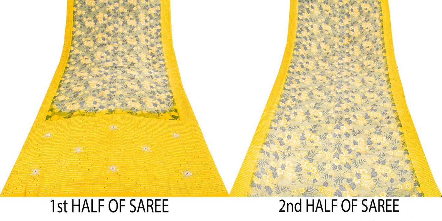 Sanskriti Vintage Saree Yellow Pure Crepe Embroidered-Printed Sari 5.5+YD Fabric