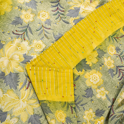 Sanskriti Vintage Saree Yellow Pure Crepe Embroidered-Printed Sari 5.5+YD Fabric