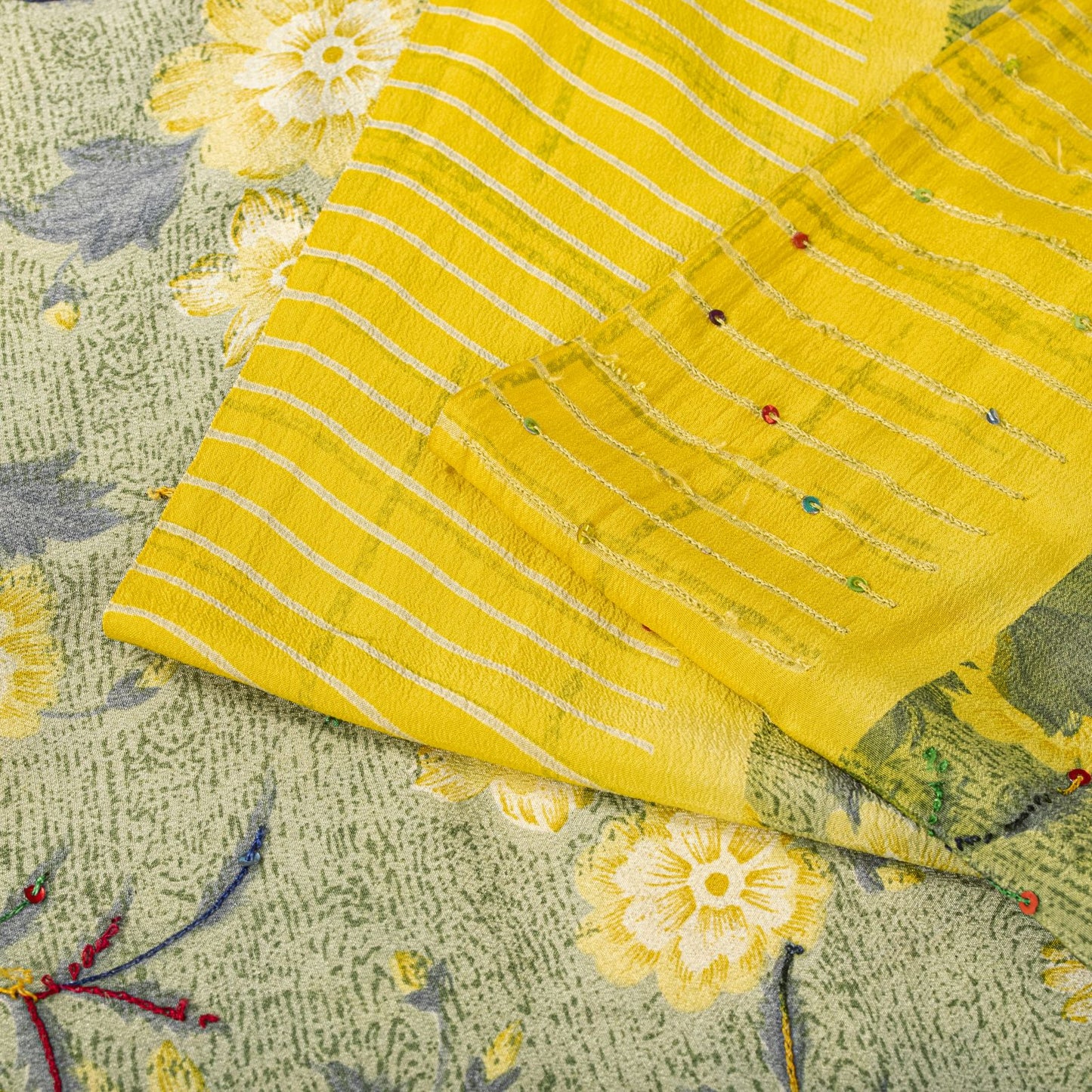Sanskriti Vintage Saree Yellow Pure Crepe Embroidered-Printed Sari 5.5+YD Fabric