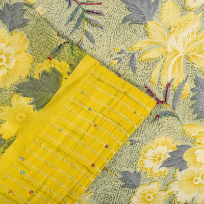 Sanskriti Vintage Saree Yellow Pure Crepe Embroidered-Printed Sari 5.5+YD Fabric
