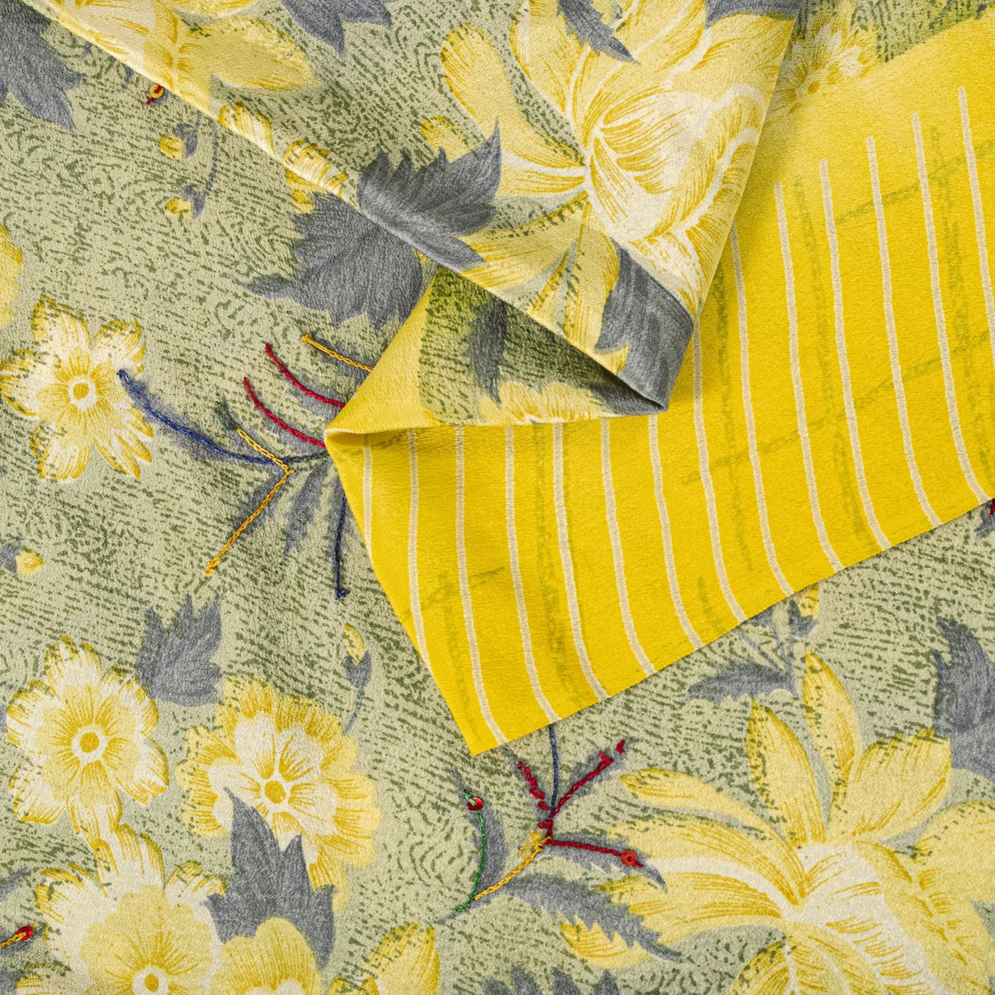 Sanskriti Vintage Saree Yellow Pure Crepe Embroidered-Printed Sari 5.5+YD Fabric