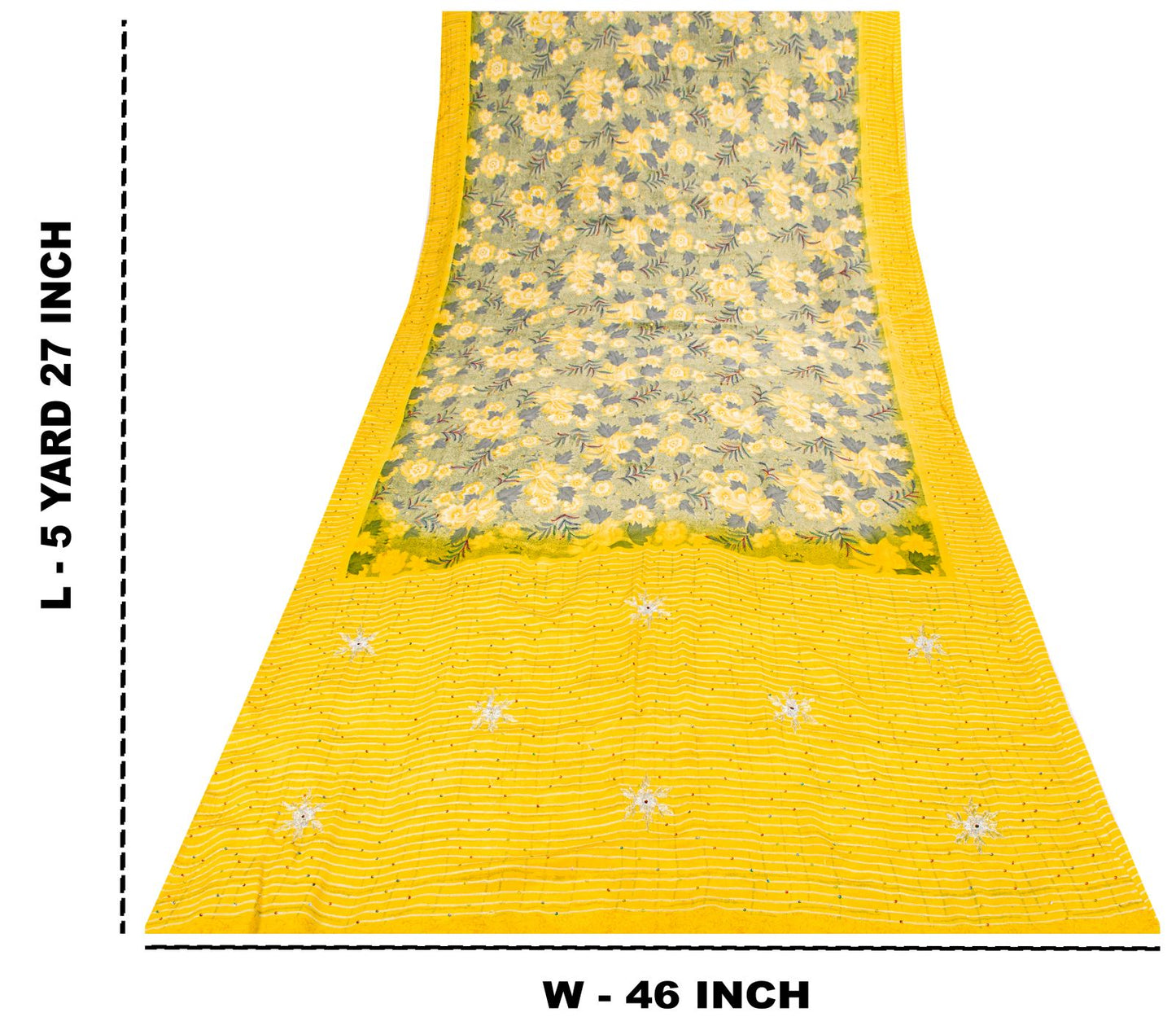 Sanskriti Vintage Saree Yellow Pure Crepe Embroidered-Printed Sari 5.5+YD Fabric