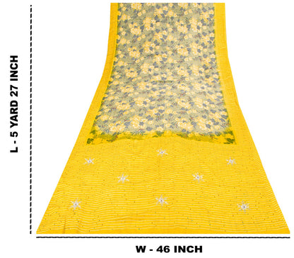 Sanskriti Vintage Saree Yellow Pure Crepe Embroidered-Printed Sari 5.5+YD Fabric