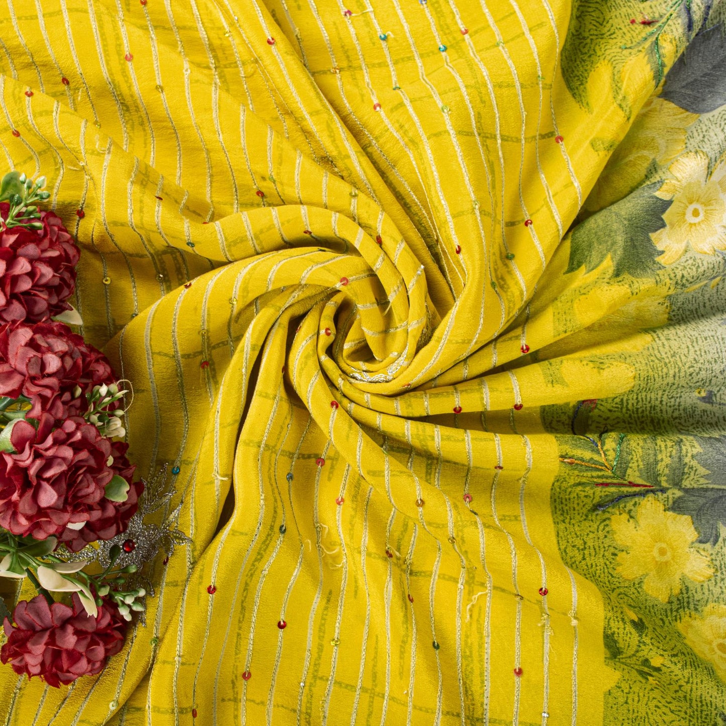Sanskriti Vintage Saree Yellow Pure Crepe Embroidered-Printed Sari 5.5+YD Fabric
