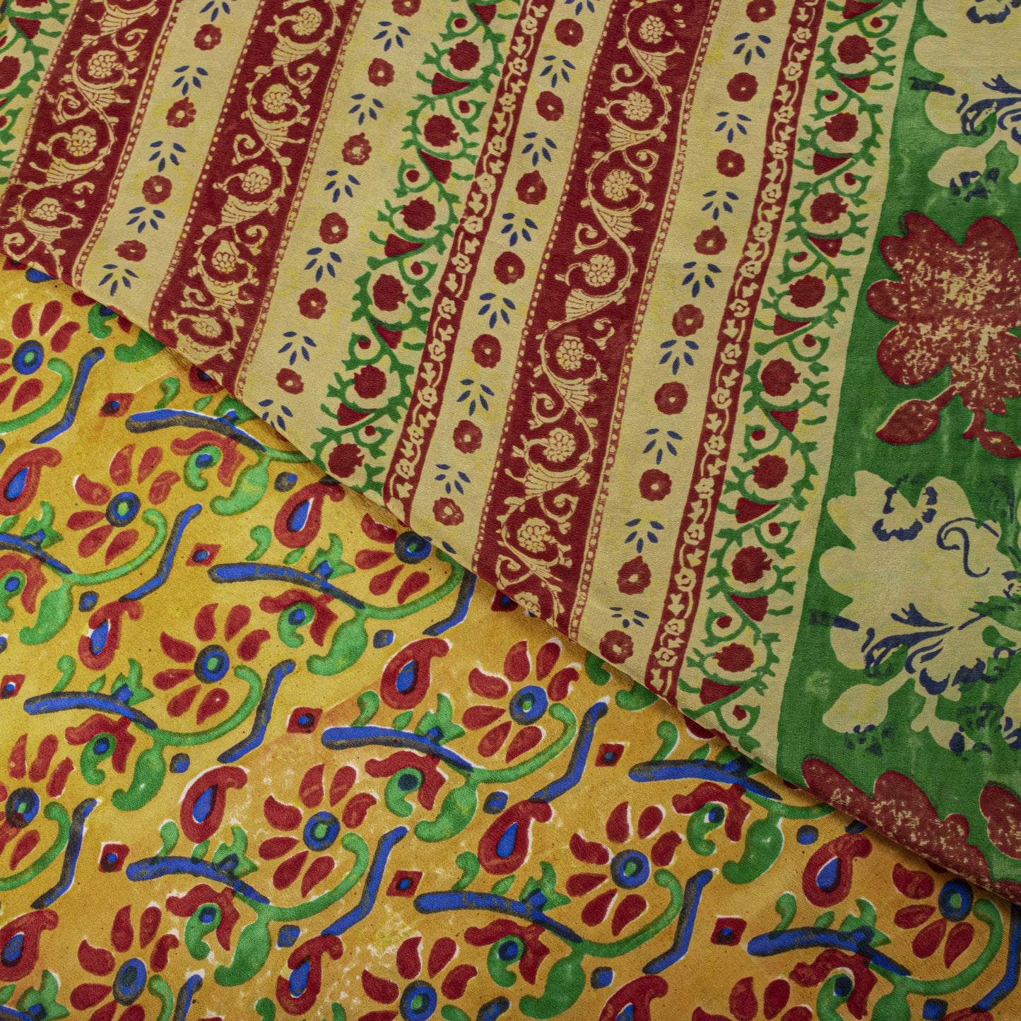 Sanskriti Vintage Saree Orange Pure Crepe Floral Print Sari 5.5Yard Craft Fabric