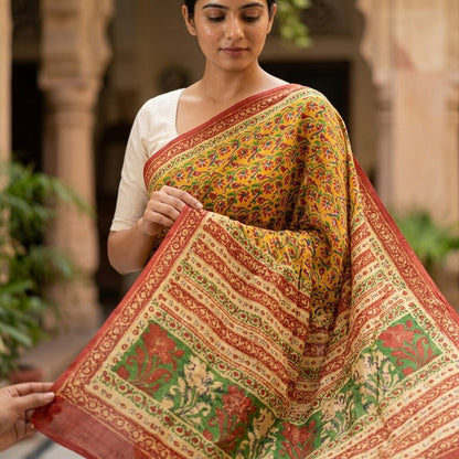 Sanskriti Vintage Saree Orange Pure Crepe Floral Print Sari 5.5Yard Craft Fabric