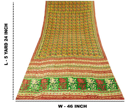 Sanskriti Vintage Saree Orange Pure Crepe Floral Print Sari 5.5Yard Craft Fabric