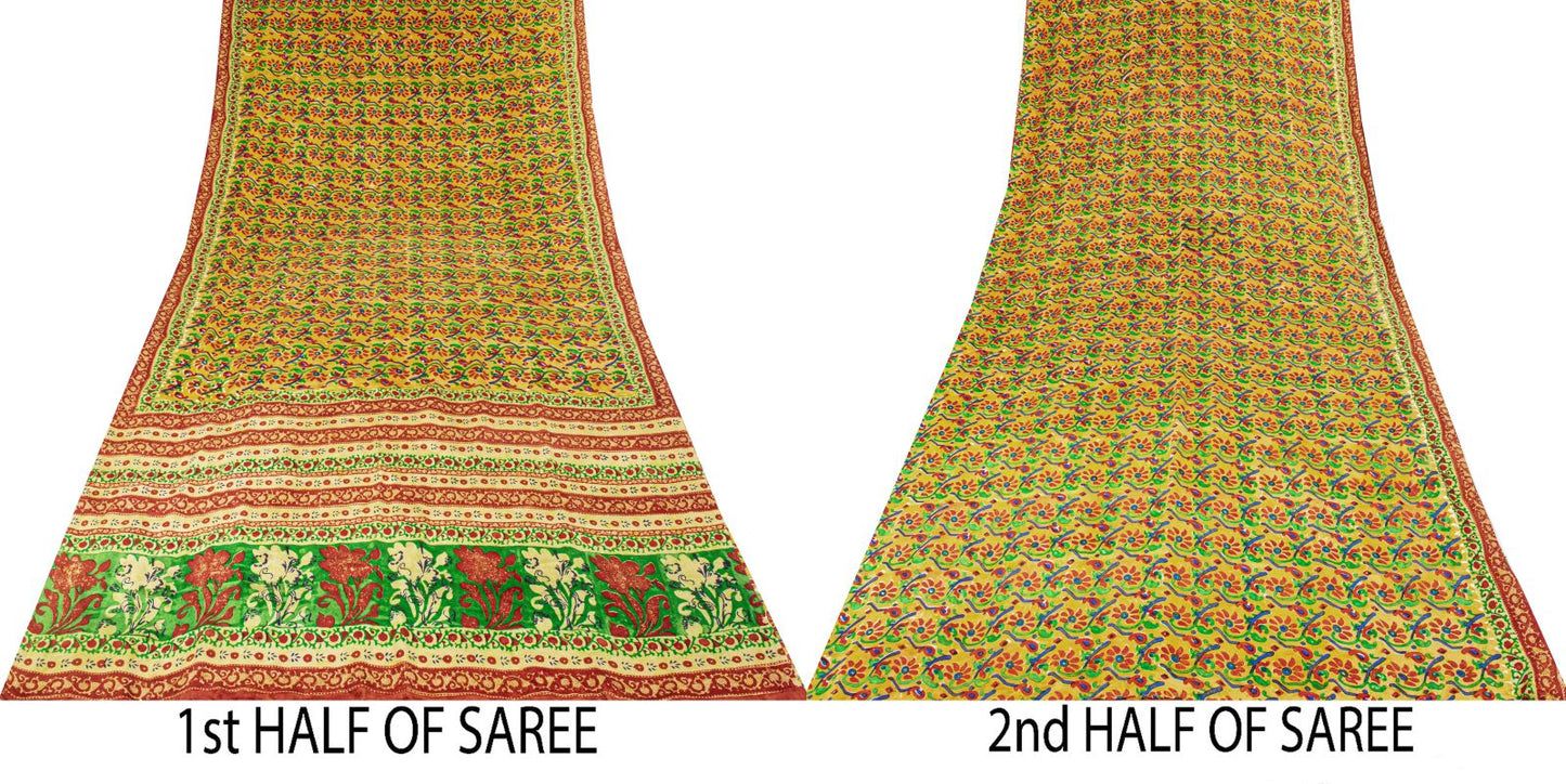 Sanskriti Vintage Saree Orange Pure Crepe Floral Print Sari 5.5Yard Craft Fabric