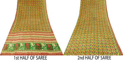 Sanskriti Vintage Saree Orange Pure Crepe Floral Print Sari 5.5Yard Craft Fabric