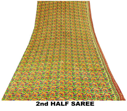 Sanskriti Vintage Saree Orange Pure Crepe Floral Print Sari 5.5Yard Craft Fabric