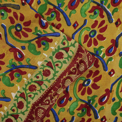Sanskriti Vintage Saree Orange Pure Crepe Floral Print Sari 5.5Yard Craft Fabric
