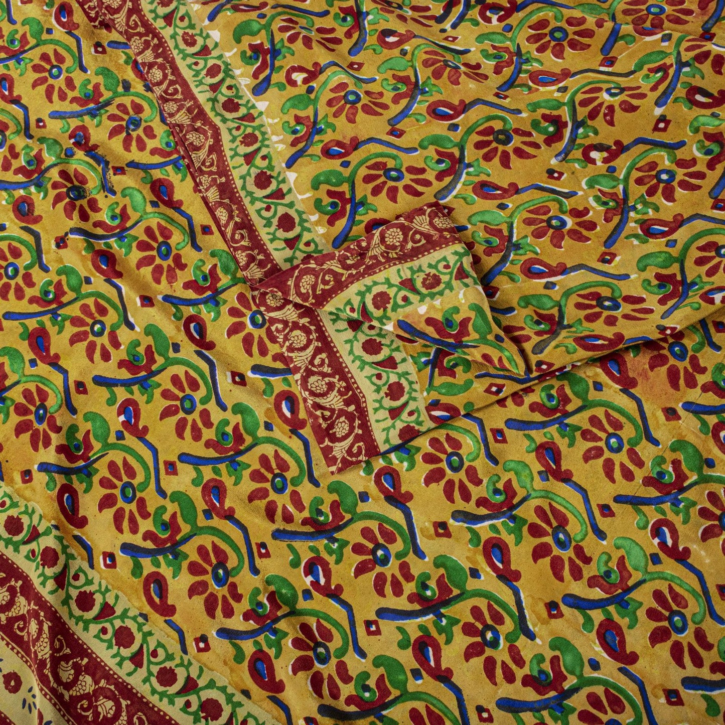 Sanskriti Vintage Saree Orange Pure Crepe Floral Print Sari 5.5Yard Craft Fabric