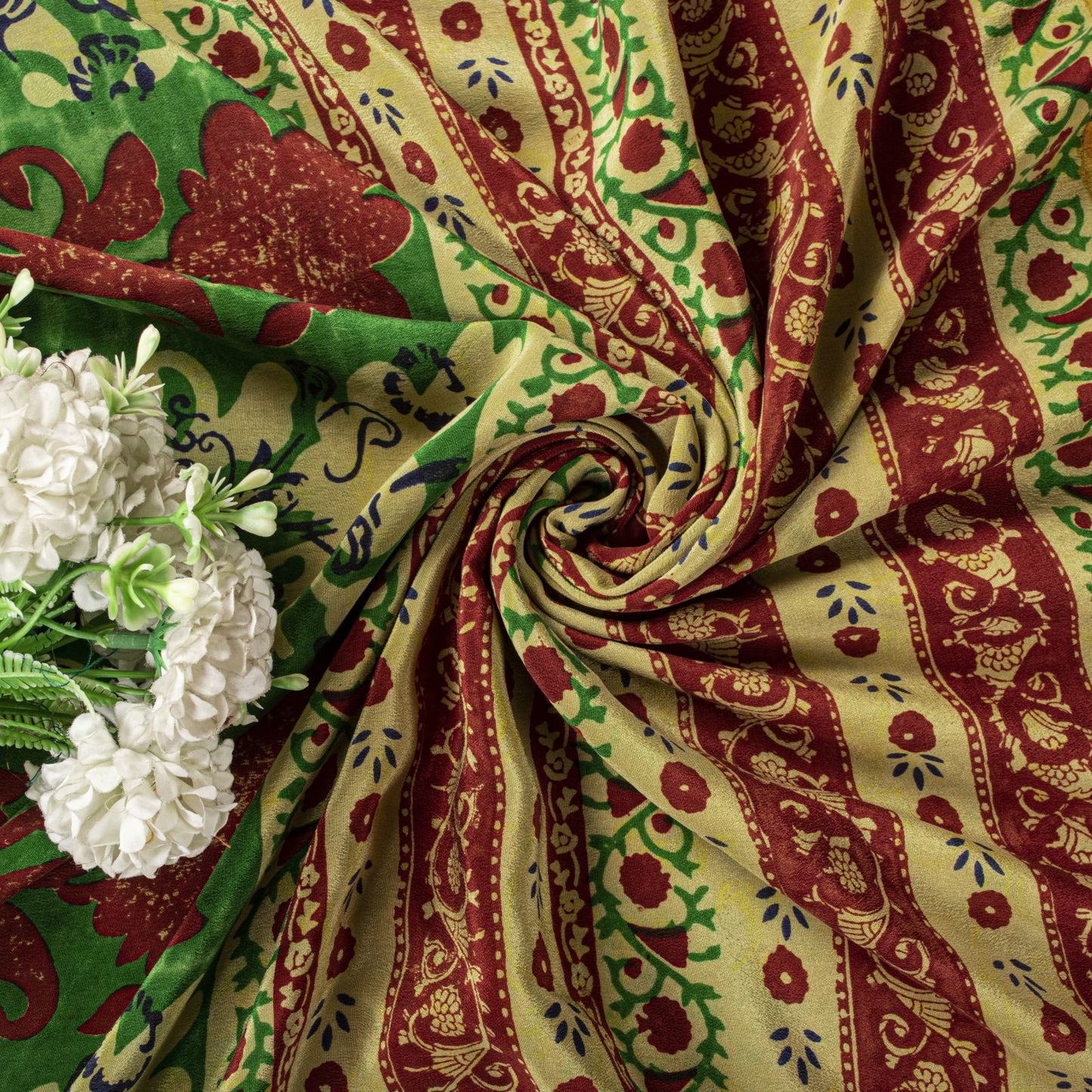 Sanskriti Vintage Saree Orange Pure Crepe Floral Print Sari 5.5Yard Craft Fabric