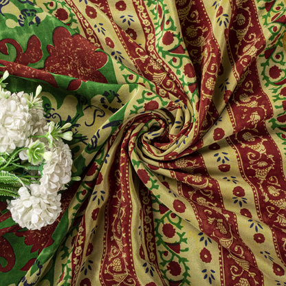 Sanskriti Vintage Saree Orange Pure Crepe Floral Print Sari 5.5Yard Craft Fabric