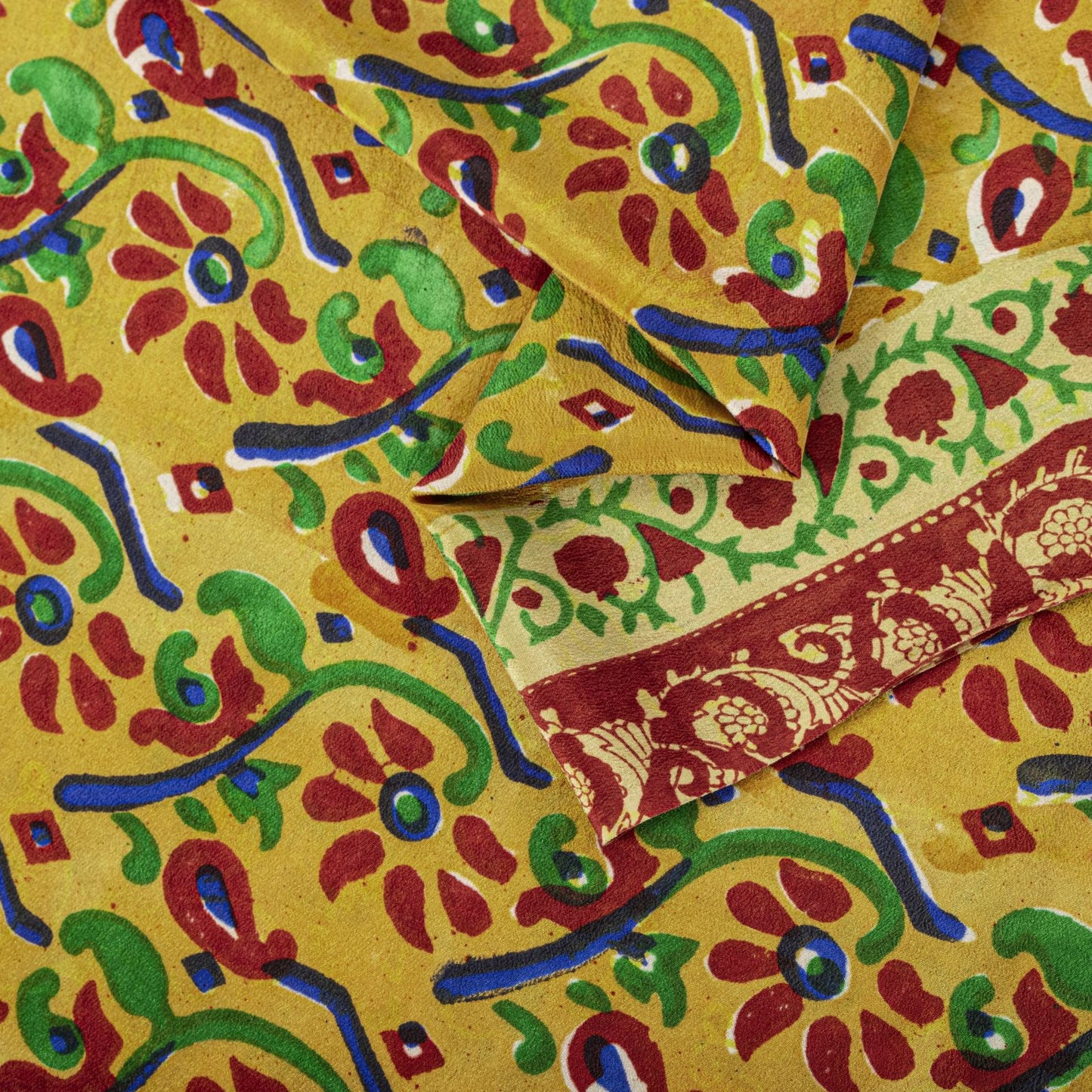 Sanskriti Vintage Saree Orange Pure Crepe Floral Print Sari 5.5Yard Craft Fabric