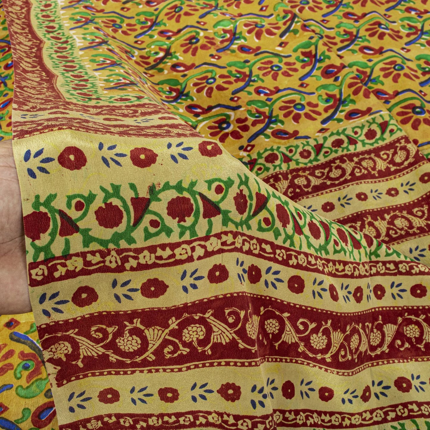 Sanskriti Vintage Saree Orange Pure Crepe Floral Print Sari 5.5Yard Craft Fabric