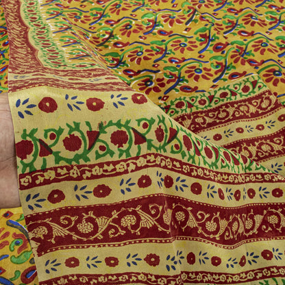 Sanskriti Vintage Saree Orange Pure Crepe Floral Print Sari 5.5Yard Craft Fabric