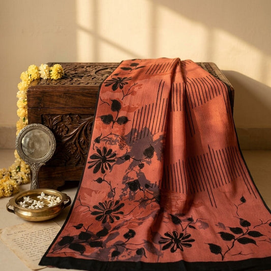 Sanskriti Vintage Saree Brown Pure Crepe Floral Print Sari 5.5+Yard Craft Fabric