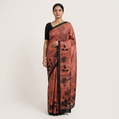 Sanskriti Vintage Saree Brown Pure Crepe Floral Print Sari 5.5+Yard Craft Fabric