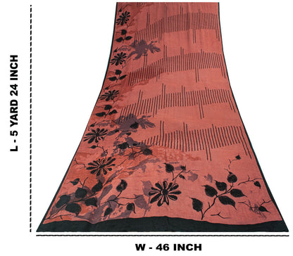 Sanskriti Vintage Saree Brown Pure Crepe Floral Print Sari 5.5+Yard Craft Fabric