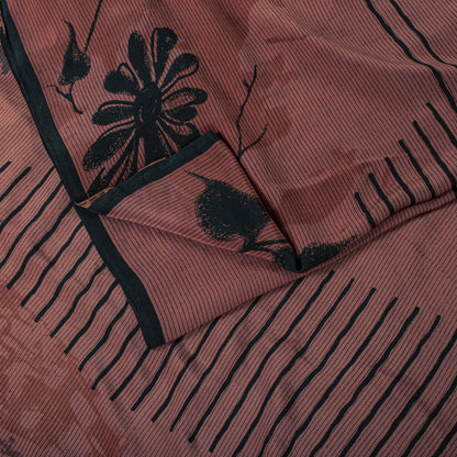 Sanskriti Vintage Saree Brown Pure Crepe Floral Print Sari 5.5+Yard Craft Fabric