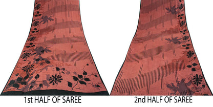 Sanskriti Vintage Saree Brown Pure Crepe Floral Print Sari 5.5+Yard Craft Fabric
