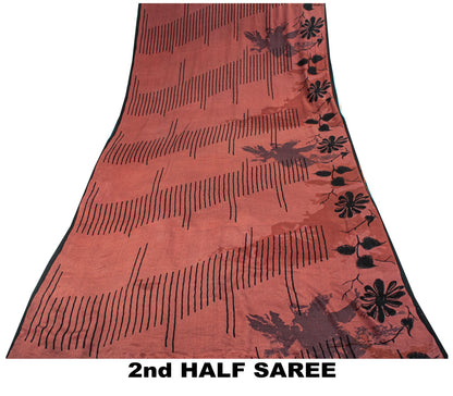 Sanskriti Vintage Saree Brown Pure Crepe Floral Print Sari 5.5+Yard Craft Fabric
