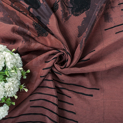 Sanskriti Vintage Saree Brown Pure Crepe Floral Print Sari 5.5+Yard Craft Fabric