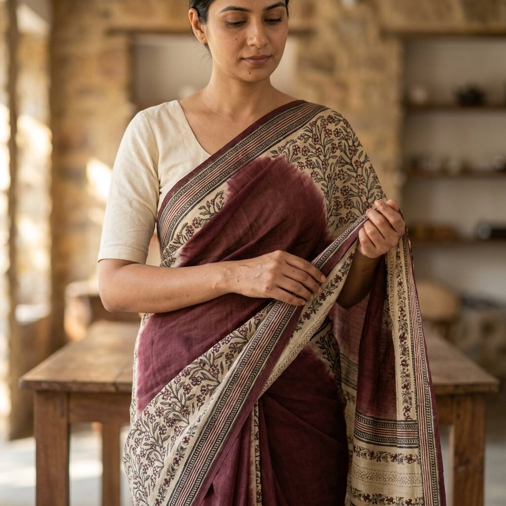 Sanskriti Vintage Saree Wine Pure Crepe Floral Print-Solid Sari 5.5+Yard Fabric