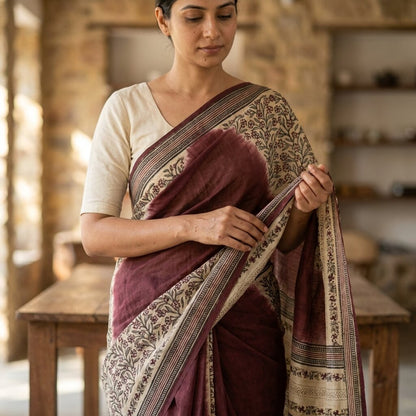 Sanskriti Vintage Saree Wine Pure Crepe Floral Print-Solid Sari 5.5+Yard Fabric
