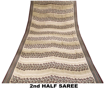 Sanskriti Vintage Saree Wine Pure Crepe Floral Print-Solid Sari 5.5+Yard Fabric