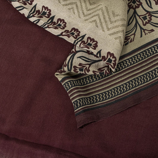 Sanskriti Vintage Saree Wine Pure Crepe Floral Print-Solid Sari 5.5+Yard Fabric