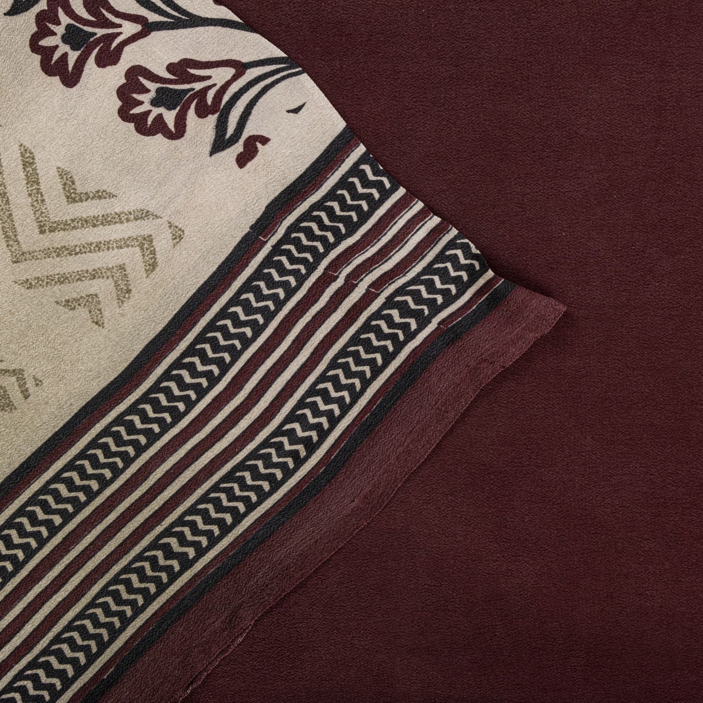 Sanskriti Vintage Saree Wine Pure Crepe Floral Print-Solid Sari 5.5+Yard Fabric