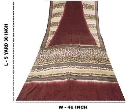 Sanskriti Vintage Saree Wine Pure Crepe Floral Print-Solid Sari 5.5+Yard Fabric