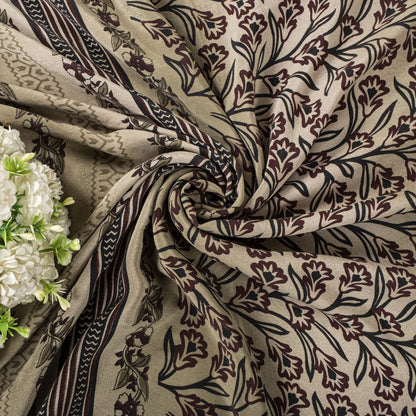Sanskriti Vintage Saree Wine Pure Crepe Floral Print-Solid Sari 5.5+Yard Fabric