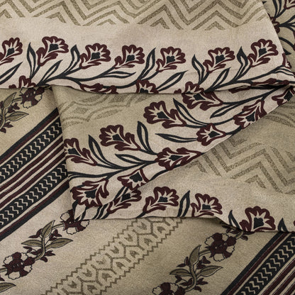 Sanskriti Vintage Saree Wine Pure Crepe Floral Print-Solid Sari 5.5+Yard Fabric