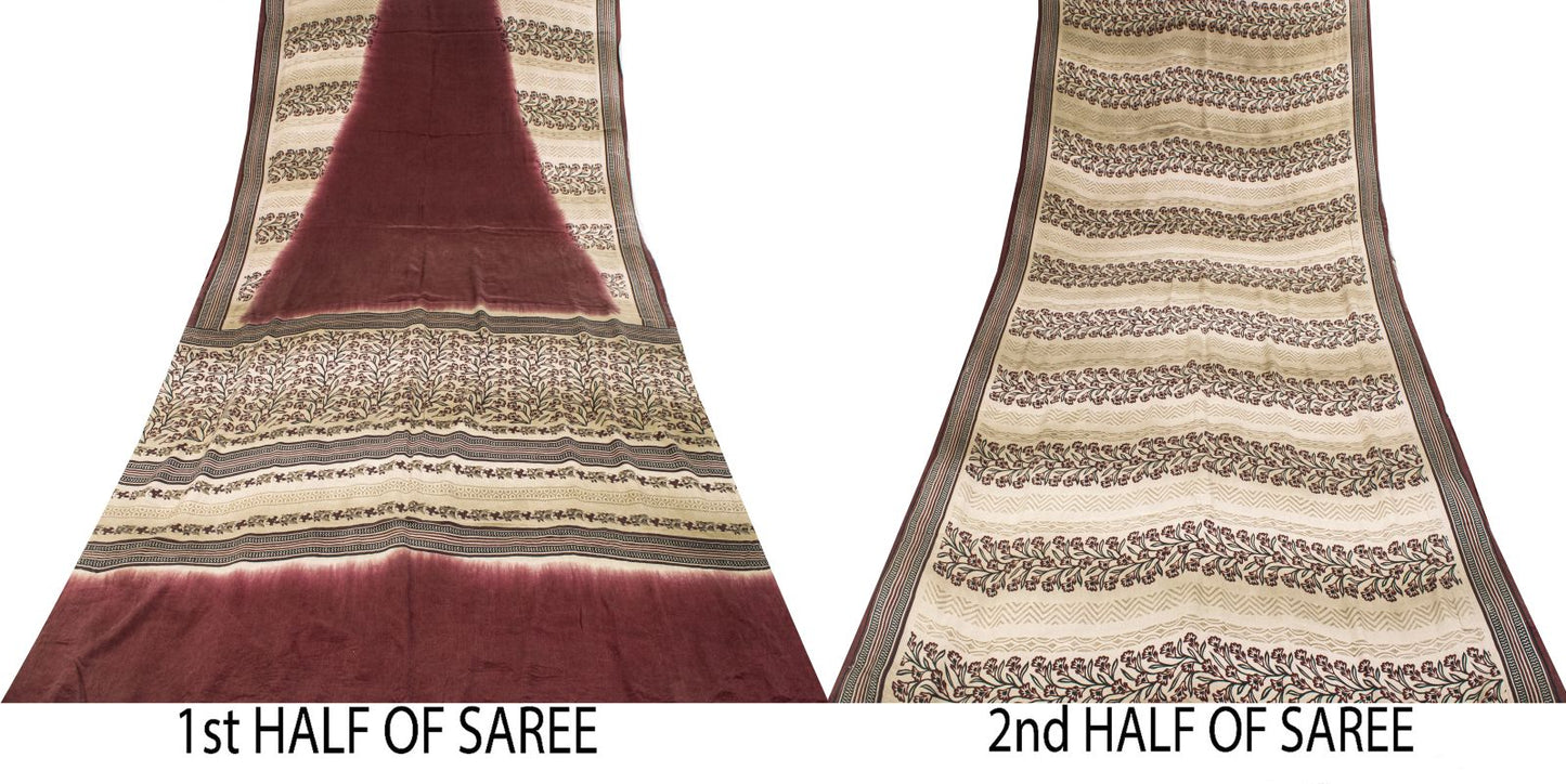 Sanskriti Vintage Saree Wine Pure Crepe Floral Print-Solid Sari 5.5+Yard Fabric