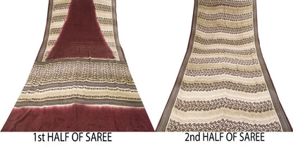 Sanskriti Vintage Saree Wine Pure Crepe Floral Print-Solid Sari 5.5+Yard Fabric