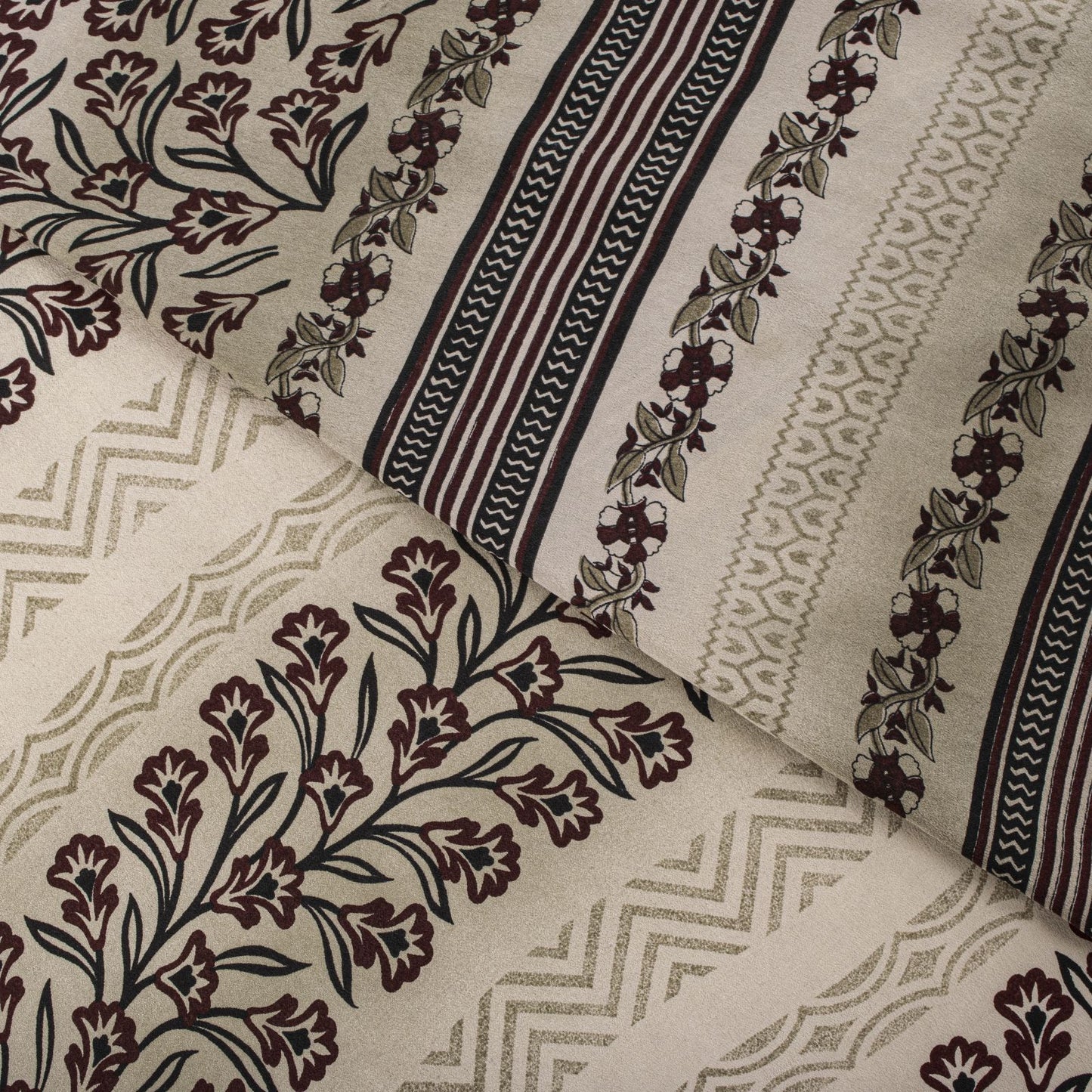 Sanskriti Vintage Saree Wine Pure Crepe Floral Print-Solid Sari 5.5+Yard Fabric