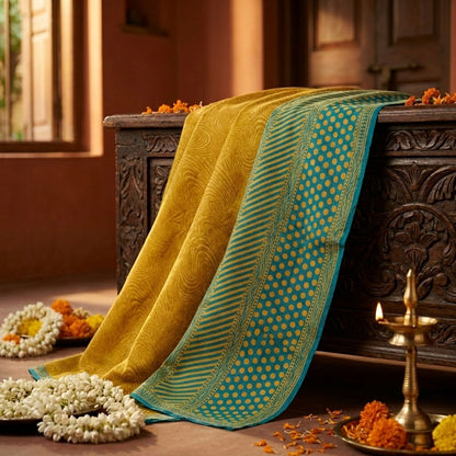 Sanskriti Vintage Saree YellowPure Crepe Abstract Print Sari 5Yard Craft Fabric