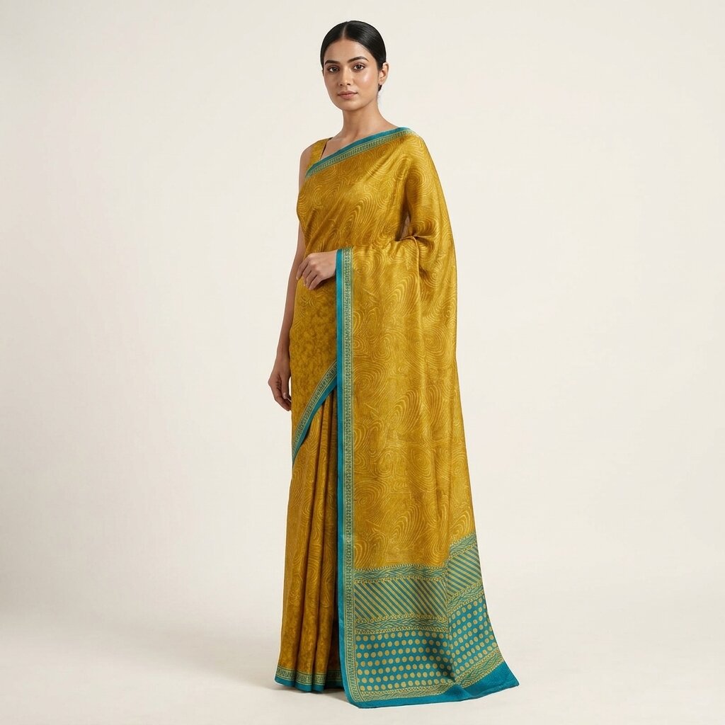 Sanskriti Vintage Saree YellowPure Crepe Abstract Print Sari 5Yard Craft Fabric