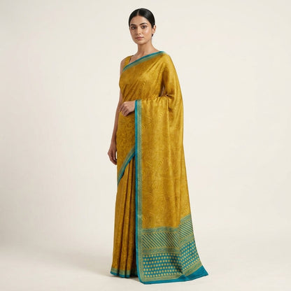 Sanskriti Vintage Saree YellowPure Crepe Abstract Print Sari 5Yard Craft Fabric
