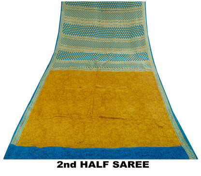 Sanskriti Vintage Saree YellowPure Crepe Abstract Print Sari 5Yard Craft Fabric