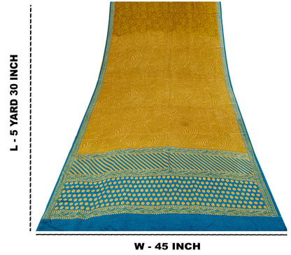 Sanskriti Vintage Saree YellowPure Crepe Abstract Print Sari 5Yard Craft Fabric