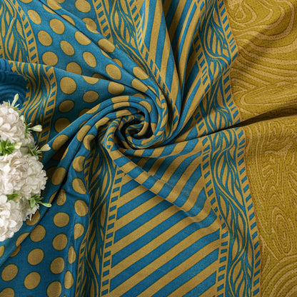 Sanskriti Vintage Saree YellowPure Crepe Abstract Print Sari 5Yard Craft Fabric
