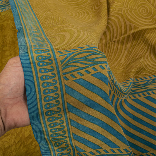 Sanskriti Vintage Saree YellowPure Crepe Abstract Print Sari 5Yard Craft Fabric