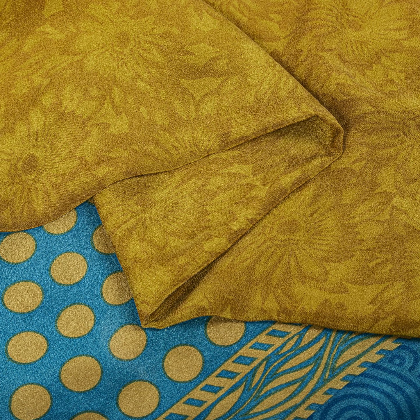Sanskriti Vintage Saree YellowPure Crepe Abstract Print Sari 5Yard Craft Fabric