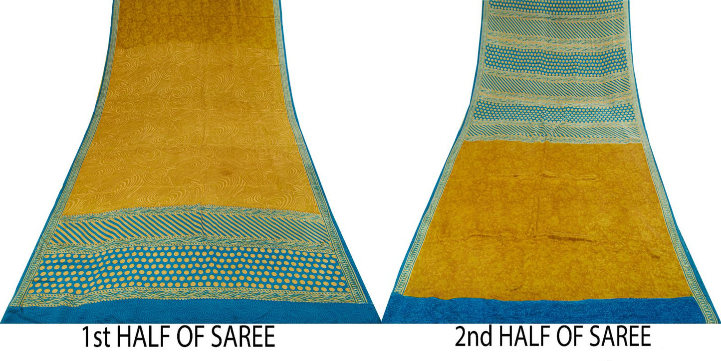 Sanskriti Vintage Saree YellowPure Crepe Abstract Print Sari 5Yard Craft Fabric