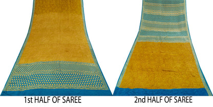 Sanskriti Vintage Saree YellowPure Crepe Abstract Print Sari 5Yard Craft Fabric