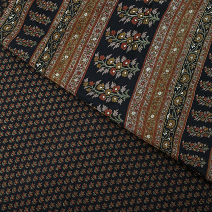 Sanskriti Vintage Saree Black Pure Crepe Floral Print Sari 5.5+Yard Craft Fabric